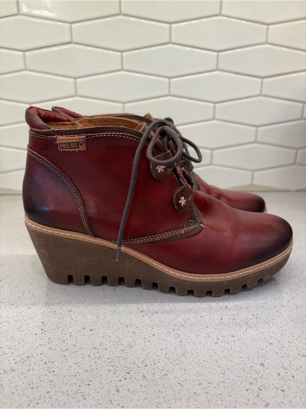 PIKOLINOS Burgundy Leather Wedge Ankle Boots